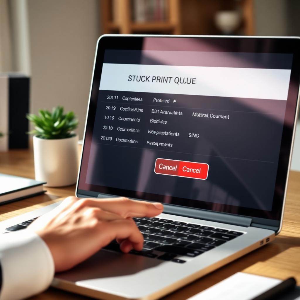 A laptop screen showing a stuck print queue being cancelled