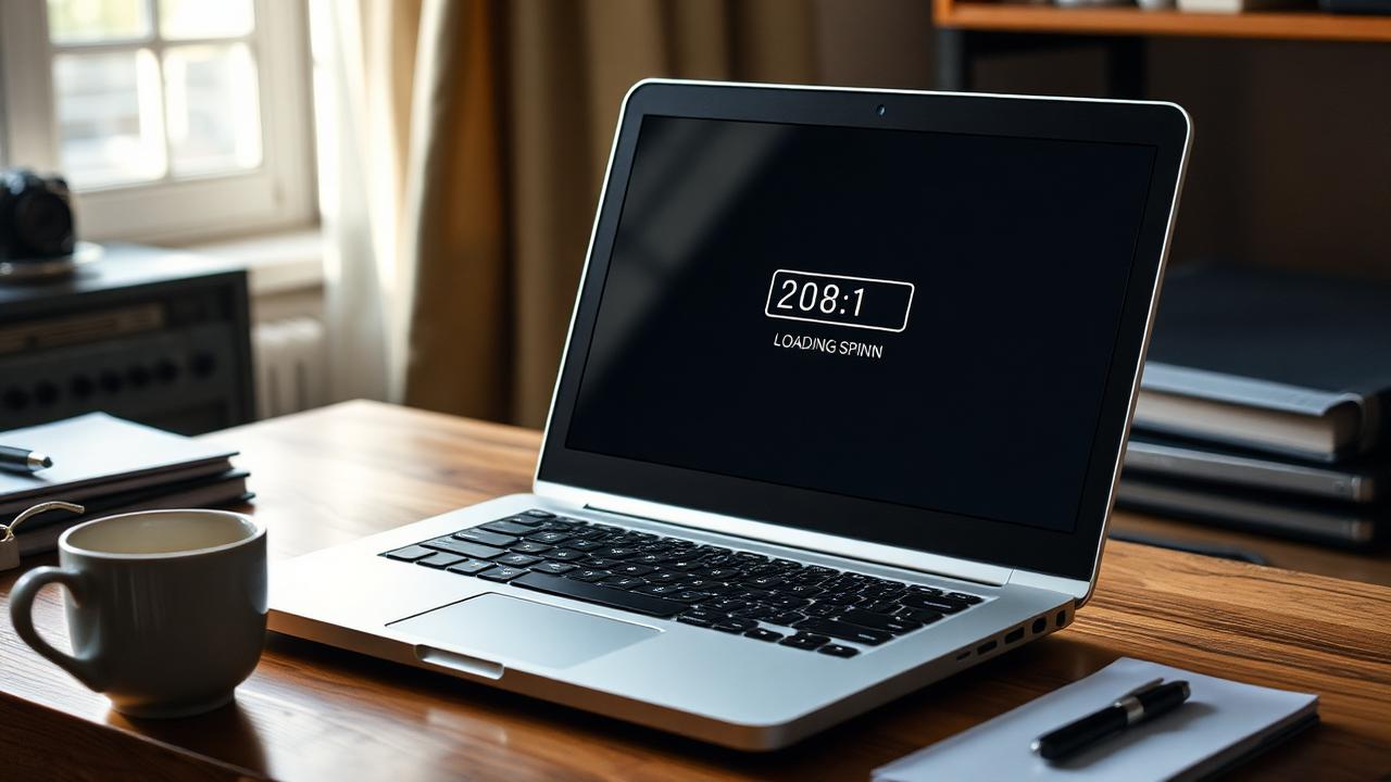 Older laptop showing a loading spinner on screen