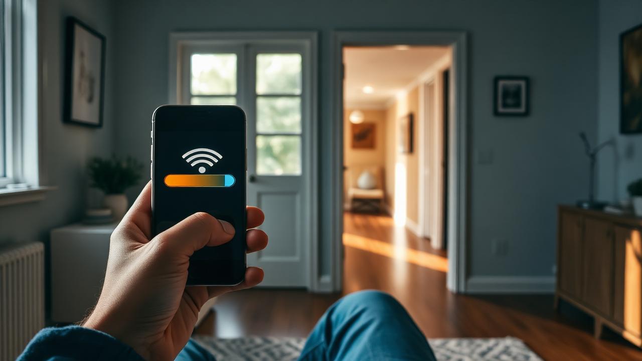 Person holding a smartphone showing a weak Wi-Fi signal in a far room
