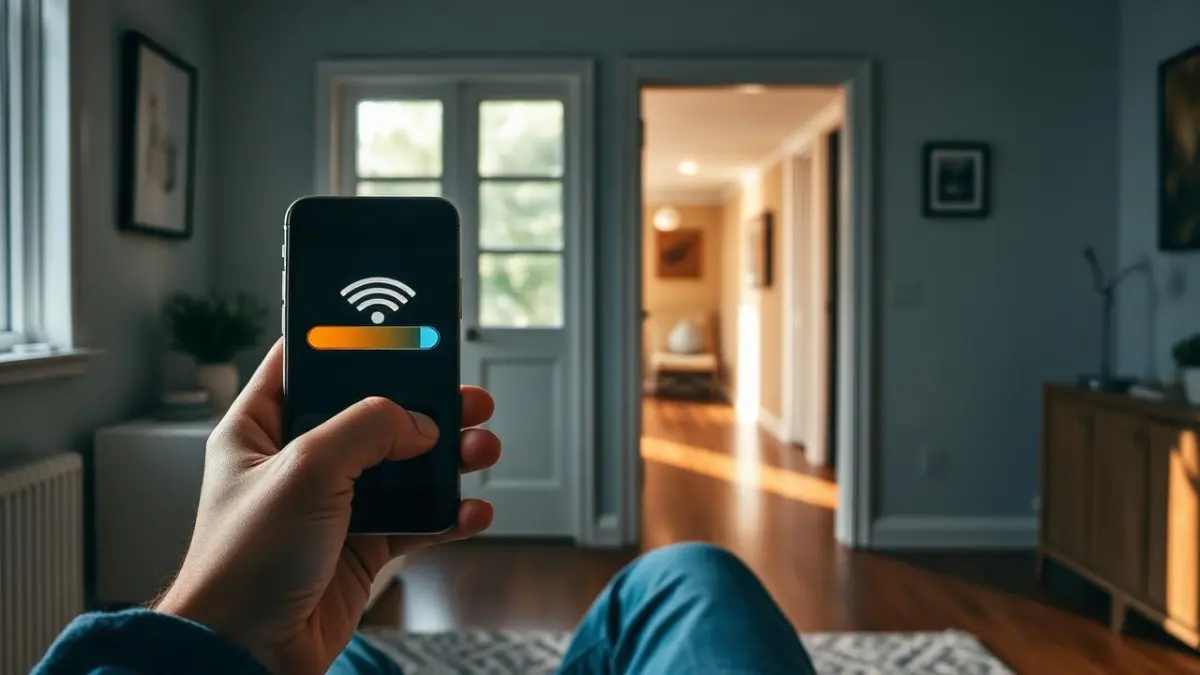 Person holding a smartphone showing a weak Wi-Fi signal in a far room