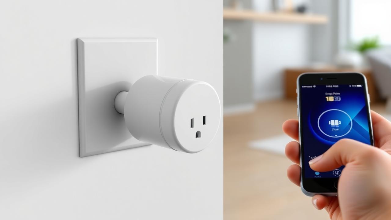 White smart plug in a wall socket next to a phone running its app