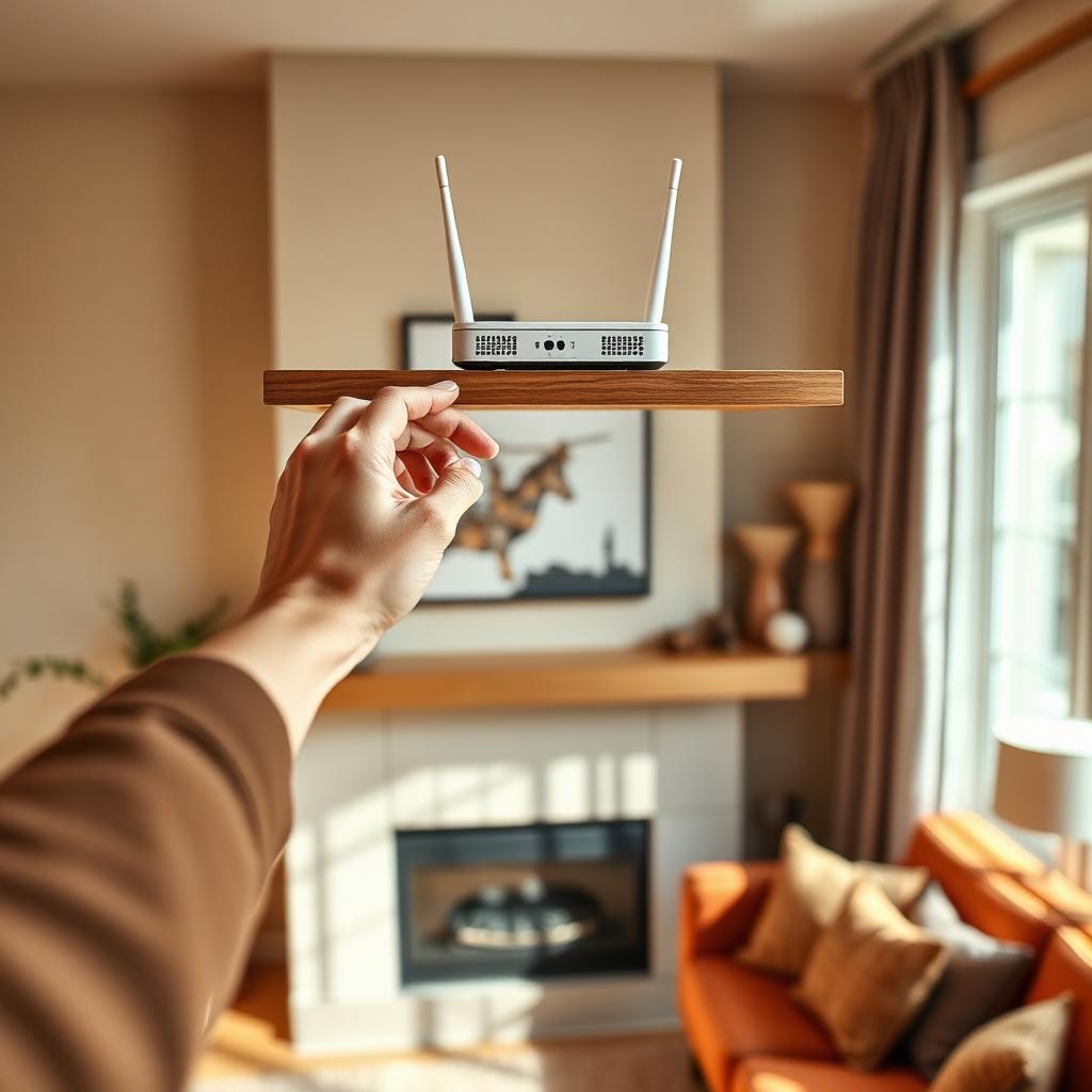 A hand placing a Wi-Fi router on a high, central shelf in a living room