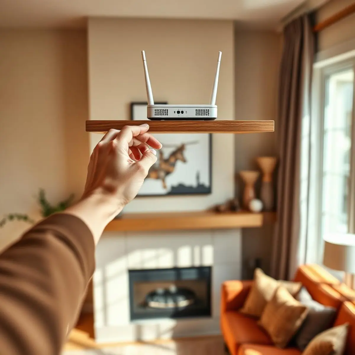 A hand placing a Wi-Fi router on a high, central shelf in a living room
