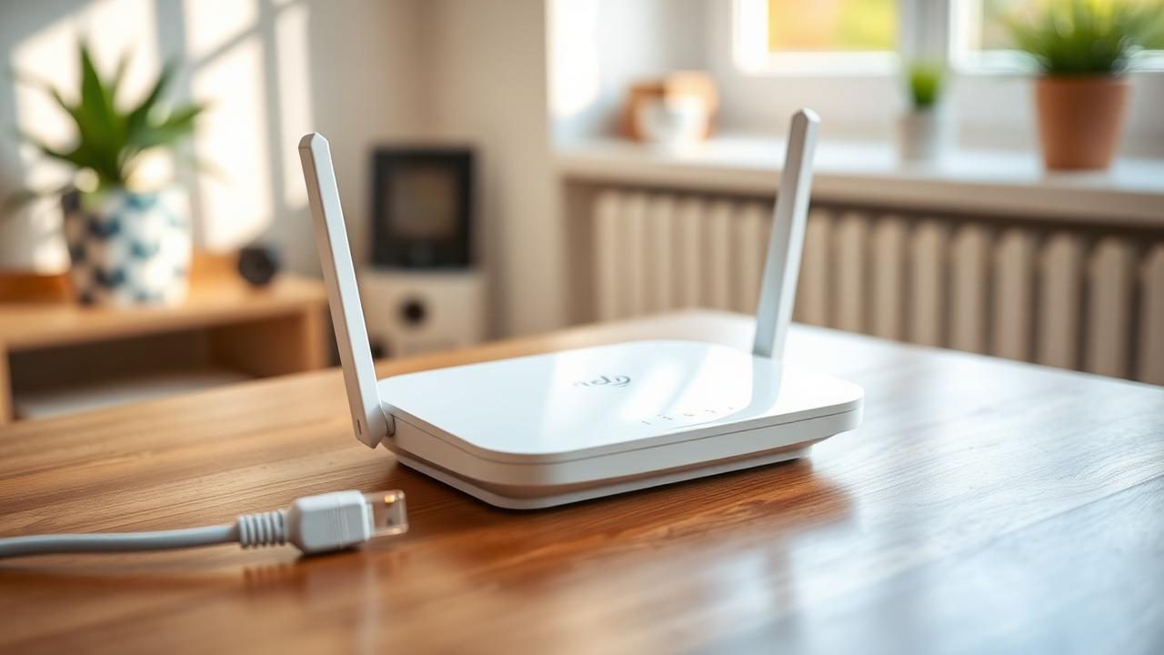 A new white Wi-Fi router set up on a desk beside a laptop